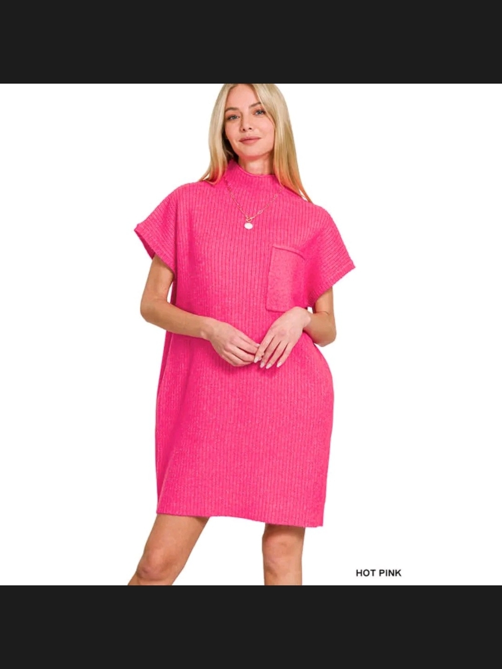 Hot Pink Knit Sweater Dress With Dolman Sleeves By Zenana - Picture 6 of 7